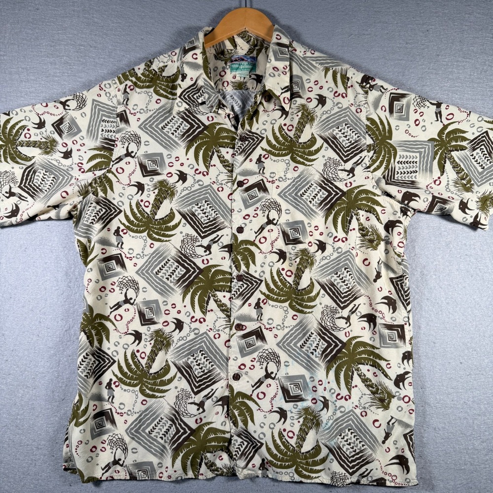 Reyn Spooner Mens XXL Hawaiian Shirt Spun Rayon Tapa Palm Tree Print Beige Green